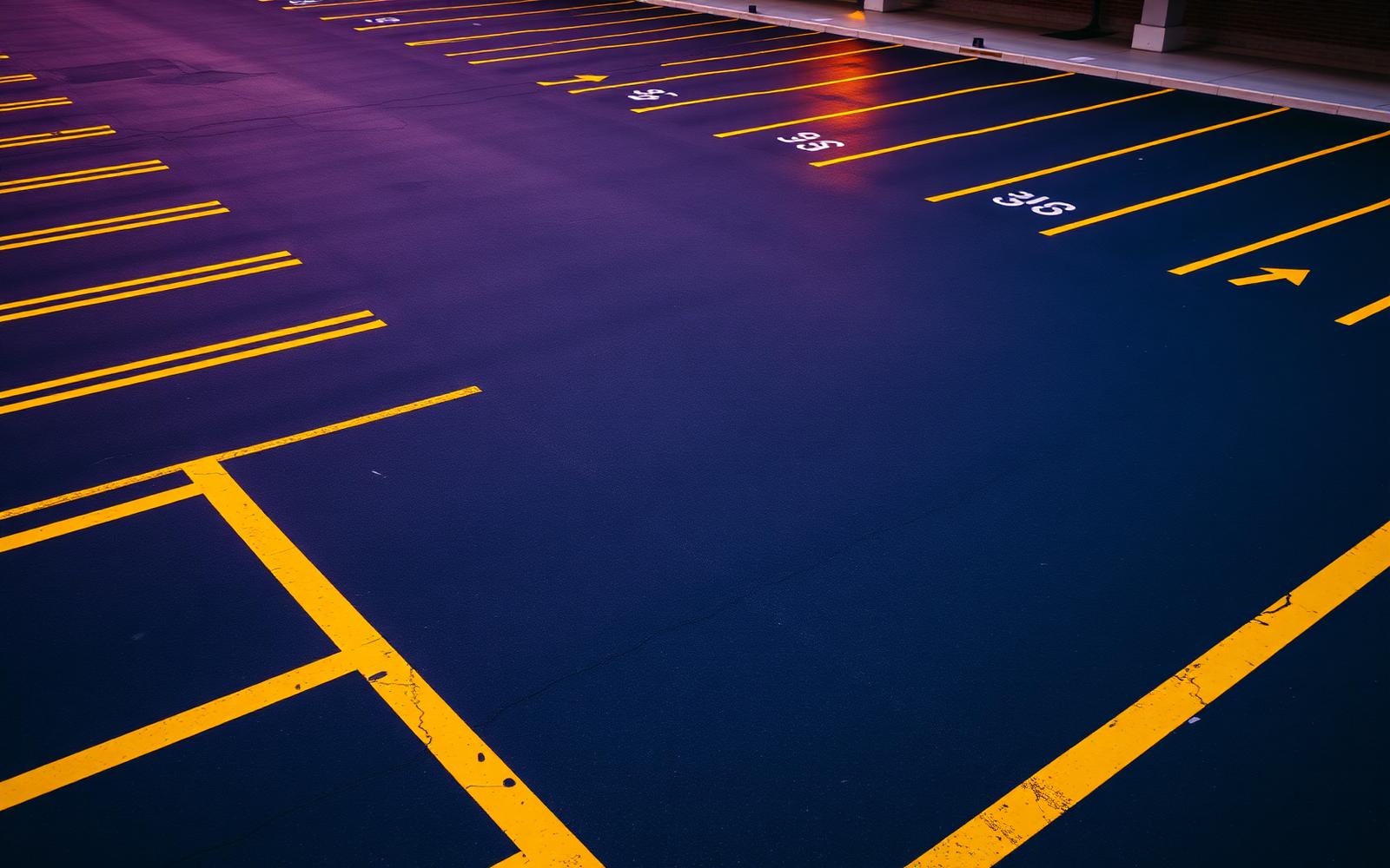 Freshly striped parking lot with bright yellow lines